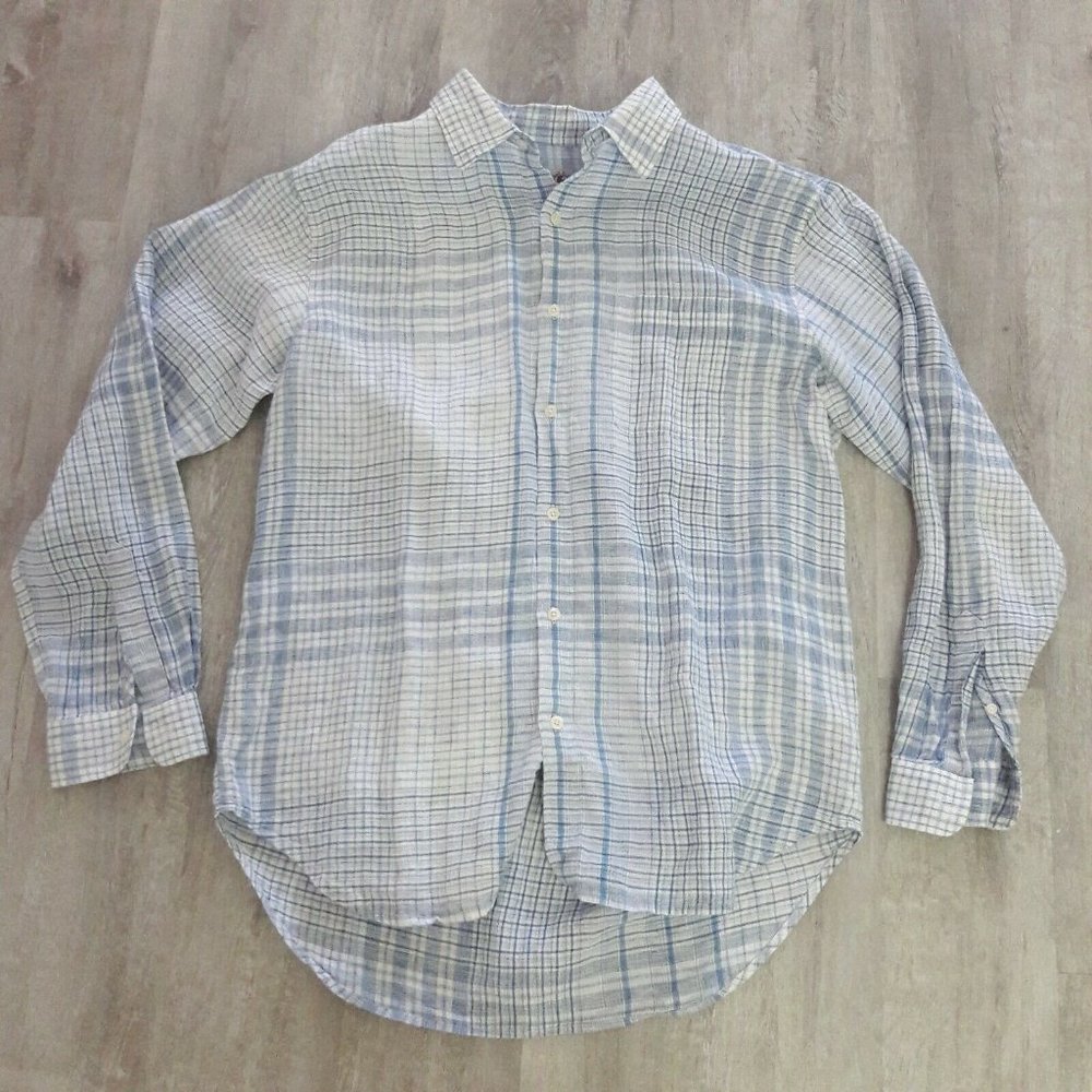 The Territory Ahead 100% Linen Men's Long Sleeve Shirt Blue White Sz L Checked